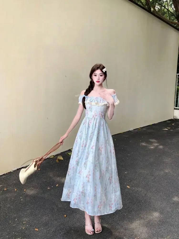 LIZAKOSHT  -  Beautiful Lace Square Neck Small Flying Sleeve Floral Dress with Temperament Waist-hugging and Slimming A-line Long Skirt