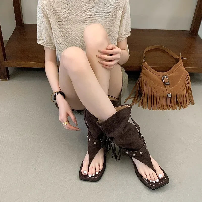 LIZAKOSHT  -  Fashion Vintage Comfortable Low Heels Tassel Rivet Square Clip Toe Women Ankle Boots Sandals Casual Banquet Shoes