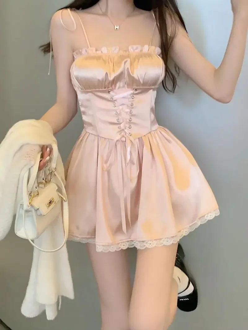 LIZAKOSHT  -  French Sweet Ins Strap Waist Design Suspender Skirt Splicing Slim Lace