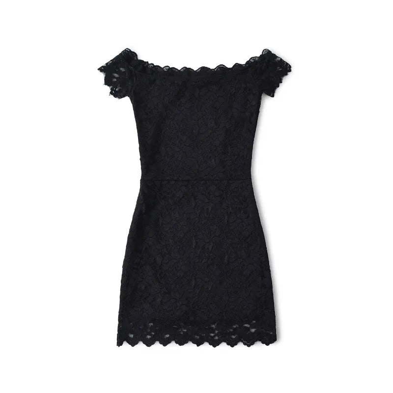 LIZAKOSHT  -  Pure Desire Style Sexy One-word Collar Slim-fit Lace Hollow Waist Hip Skirt Short Sleeve Dress Short Skirt Women's Clothing