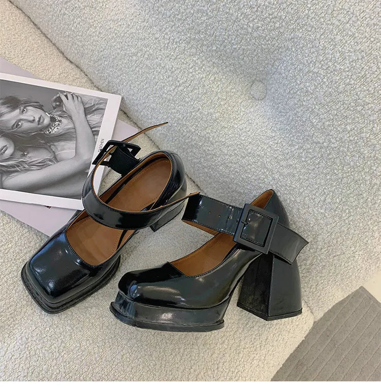 LIZAKOSHT  -  New Retro Mary Jane High Heels Women Shoes Fashion Chunky Heel Pumps Platform Ankle Buckle Japanese Uniform Ladies Shoes