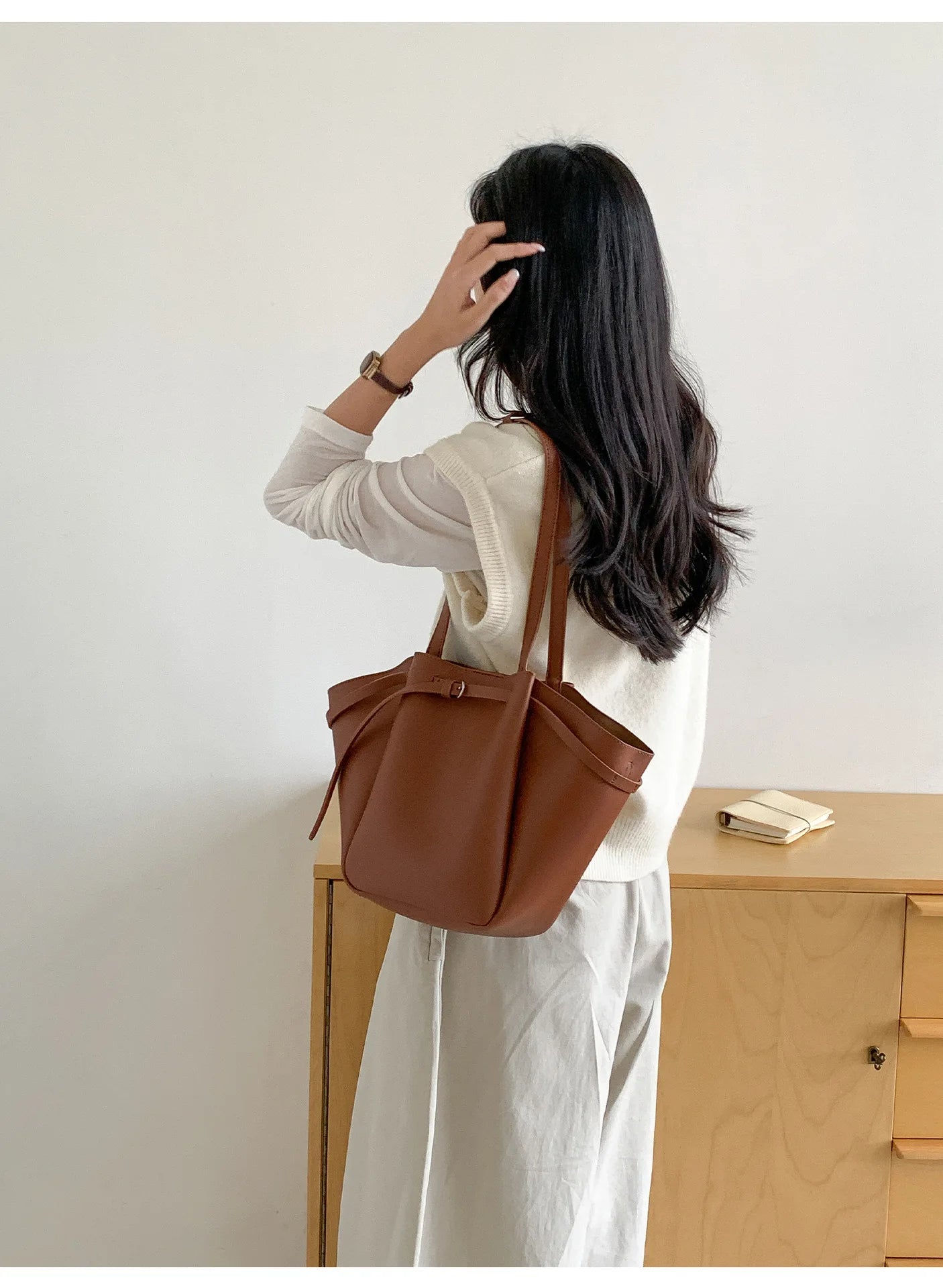 LIZAKOSHT  -  Soft PU Large Capacity Tote Bag Women Fashion Korean Style Commuter Shoulder Bag Solid Color Retro Minimalist Handbag