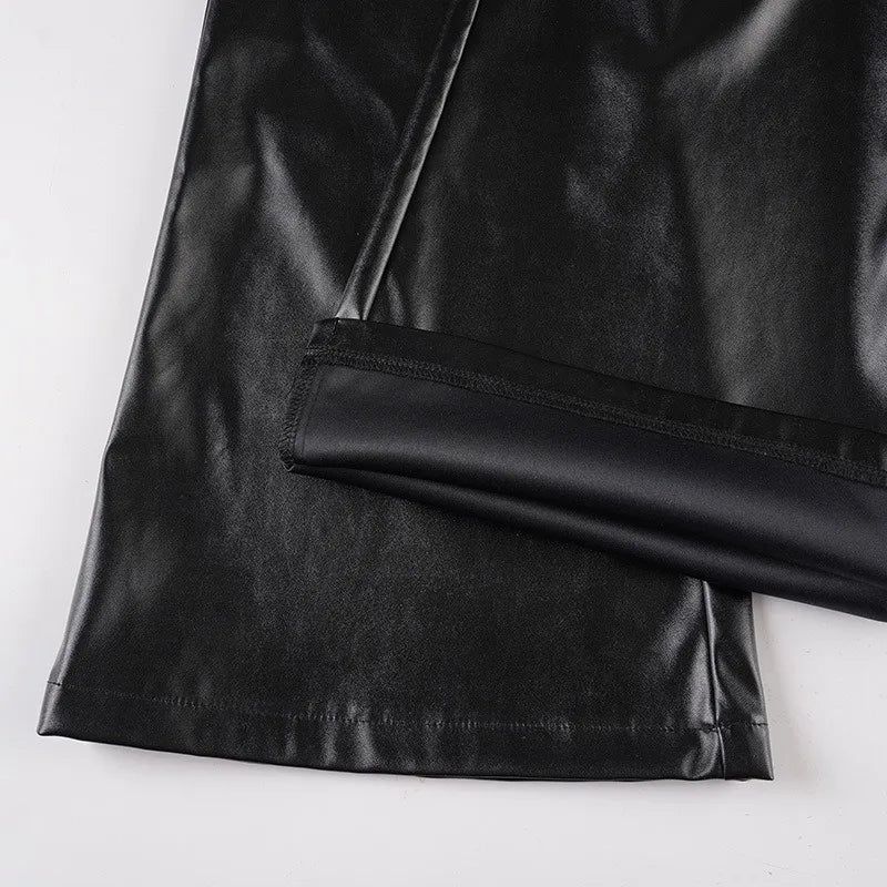 LIZAKOSHT  -  Women Fashion Black PU Leather Slim Flare Pants Zippers High Waist Peach Hips Stretch Boot Cut Skinny Trousers Casual Streetwear