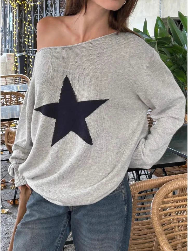 LIZAKOSHT  -  Star Jacquard Sweater Woman Autumn Raw Hem Slash Neck Long Sleeve Pullover Female Casual Vintage Preppy Style Loose Jumpers Top