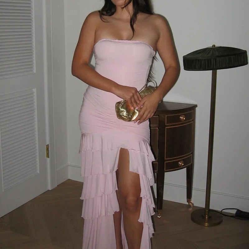 LIZAKOSHT  -  Ruffled Fashion Bandeau Maxi Dress For Women High Waist Slim Backless Patchwork Summer New Dress Female Bodycon Dress