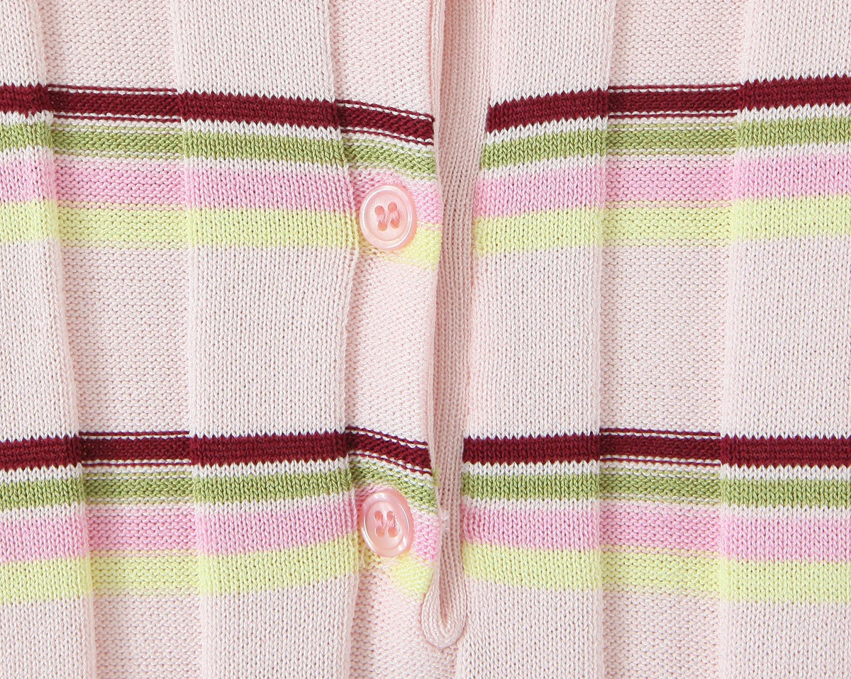 LIZAKOSHT  -  Women Pink Stripes Open Buttons Polo Collar Rib Knitted Short Sleeve Sweater Pullovers Knitwear All Match Knitting Tops Jumper