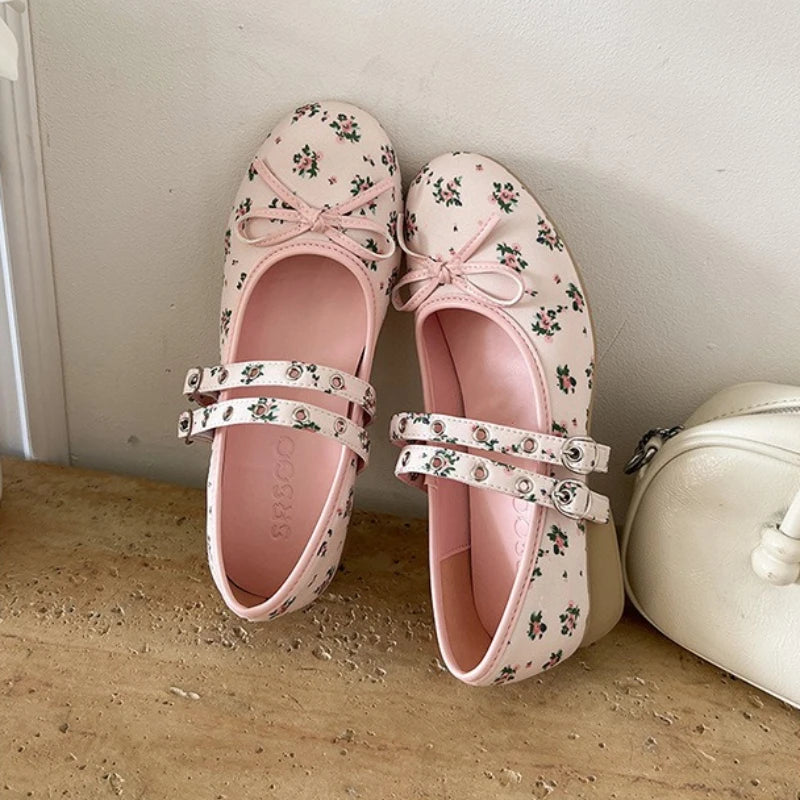 LIZAKOSHT  -  Lolita Style Sweet Low Heel Women Mary Jane Shoes Designer Buckle Strap Pumps Ladies Eelgant Floral Print Dress Leather Shoes