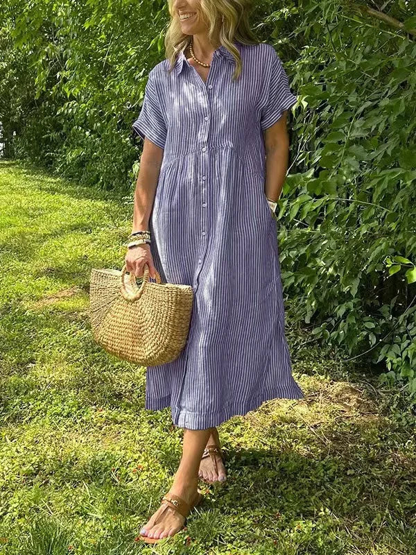 LIZAKOSHT  -  Casual Cotton Linen Midi Dr Women's Mid-Length Dr Comfortable Breathable Summer Dr Fairy T Sle ort Sve