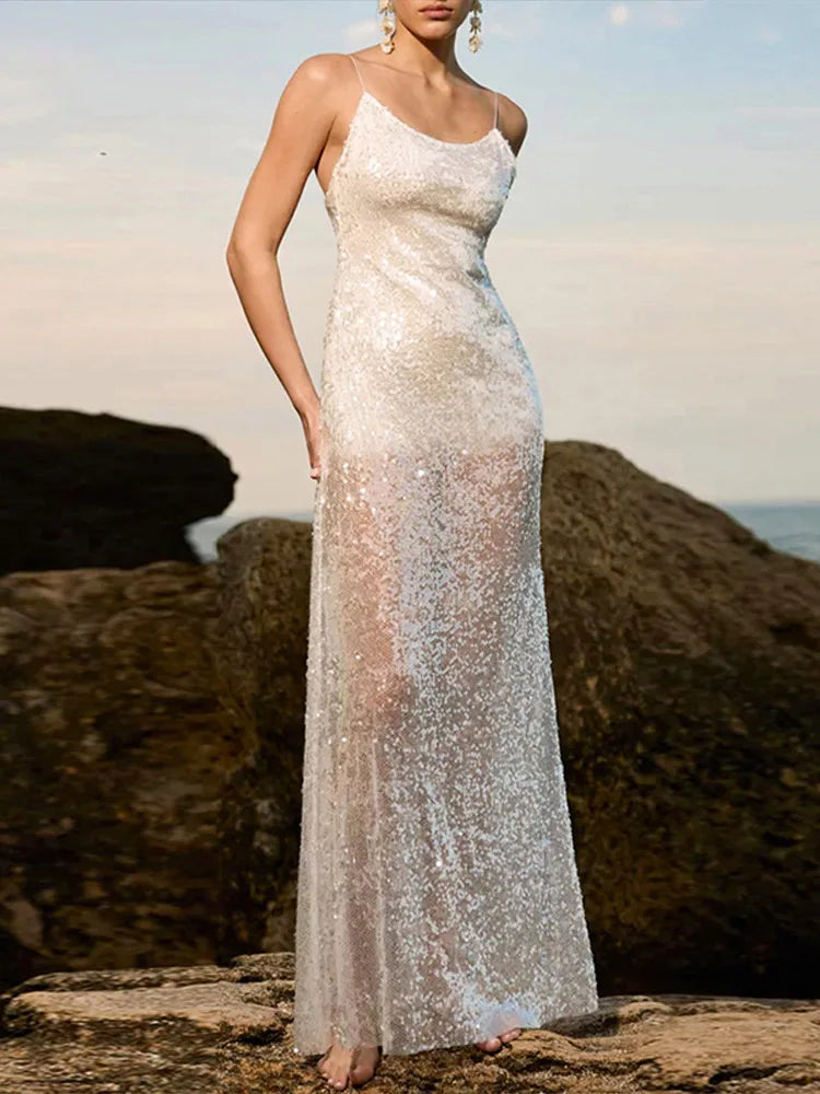 LIZAKOSHT  -  Fashion Solid Sequined Slip Maxi Dress For Women Sexy Sleeveless Backless Floor-length Dress Lady Shinning Evening Vestidos