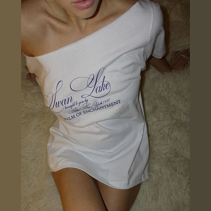 LIZAKOSHT  -  Letter Print Graphic T Shirts White Oversized One Shoulder Tops Womens Summer Fashion Clothing Trends 2025