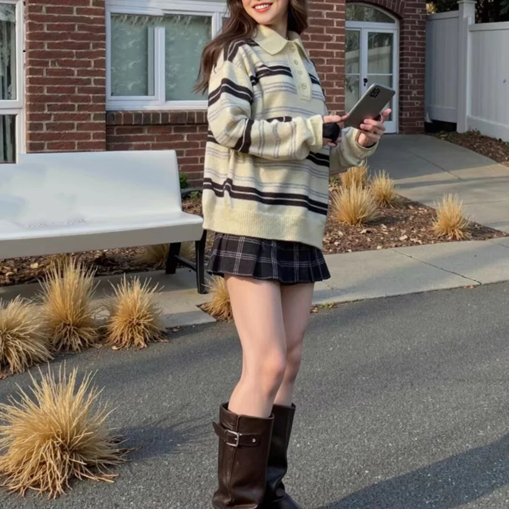 LIZAKOSHT  -  Fashion Knitted Striped Sweater Women 2025 New Autumn Vintage Loose Turndown Collar Pullover Casual Buttons Up Elegant Knitwear