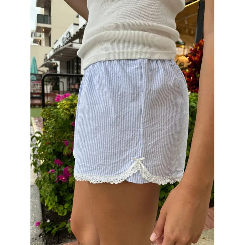 LIZAKOSHT  -  Y2k Lace Bowknot Blue Shorts Stripes Patchwork Buttons Decor Short Pants Casual Elastic Waist Shorts Loose Sleep Short For Women