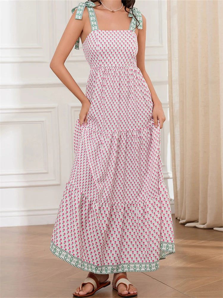 LIZAKOSHT  -  Women Sleeveless Tie-up Strap Long Maxi Dress Fashion Print High Waist Backless Dress for Summer Female Vestidos