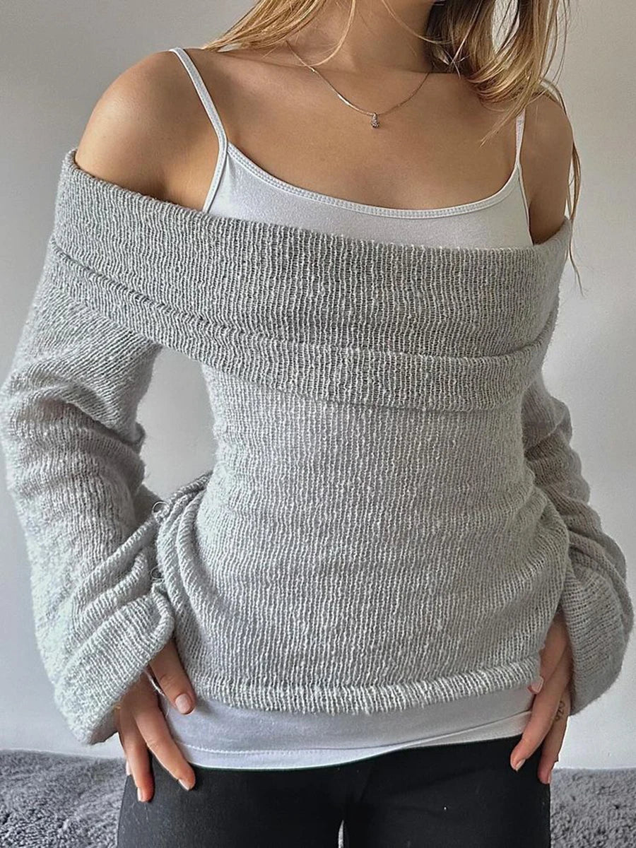 LIZAKOSHT  -  Women's Y2K Cute Off Shoulder Sweaters Chest Folding Slash Neck Flare Long Sleeve Slim Fit Knitted See-through Tops