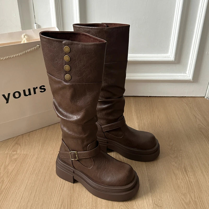 LIZAKOSHT  -  Autumn Winter Platform Thick Bottom Woman Knee High Boots Shoes Ladies Elegant Belt Buckle Knight Booties