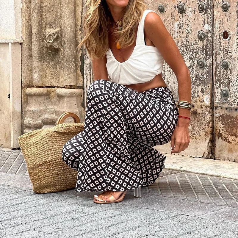LIZAKOSHT  -  Lady Boho Style Elastic High Waist Tight-fitting Flare Pants Aesthetic Printing Holiday All-match Trendy Trousers Leggings