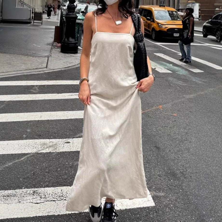 LIZAKOSHT  -  Spring and Summer Commuting Khaki Cotton and Linen Suspender Dress Women's Fashion Loose A-shaped Long Dress