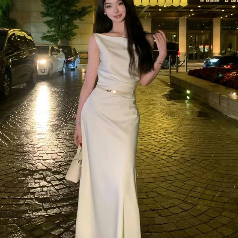 LIZAKOSHT  -  Satin Sexy Off Shoulder Dress Women Pink Skinny Elegant Soft Dress Classic Fashion Party Evening Gown Sleeveless Lady Vestidos