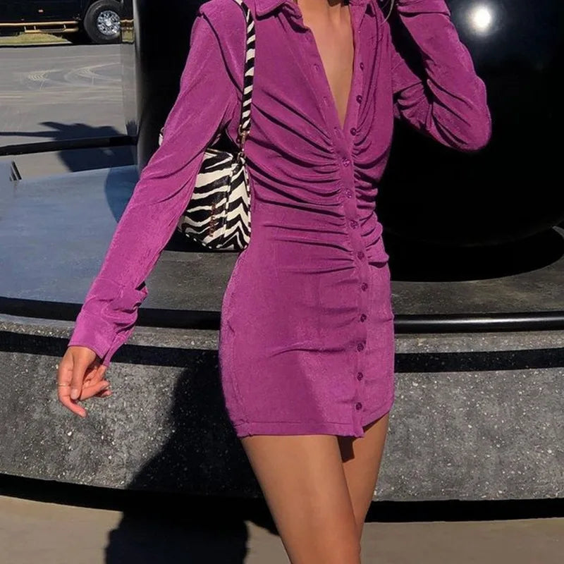 LIZAKOSHT -  Pure Color Dress Female Autumn European and American Style Women's Sexy Long-sleeved Lapel Single-breasted Cardigan Skirt