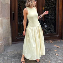 LIZAKOSHT  -  Summer New Women's French Sleeveless Round Neck Tank Top Dress Advanced Sense Slimming and Wrinkle Splicing Casual Long Dresses