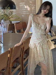 LIZAKOSHT  -  Spring and Summer Sweet Flying Sleeve Floral Halter Dress Female Design Sense Holiday Wind Fairy Print Long Dress
