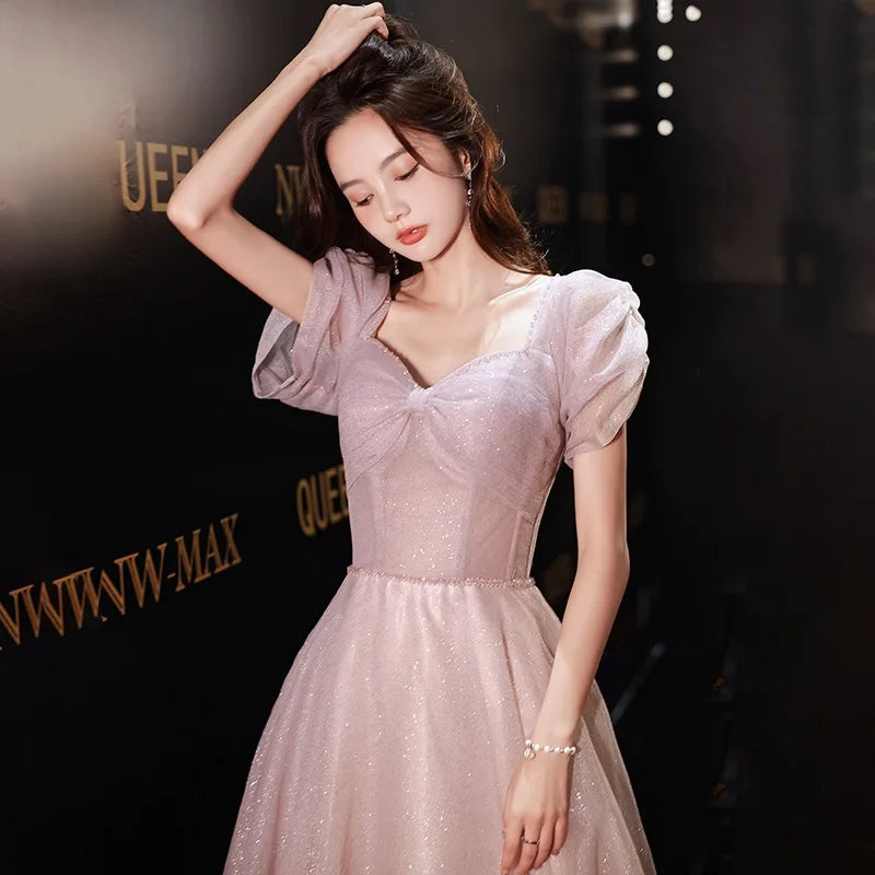 LIZAKOSHT -  Shiny Pink Bridesmaid Dresses Sweetheart Puff Sleeve A-Line Pleated Formal Party Glitter Wedding Banquet Prom Evening Gowns