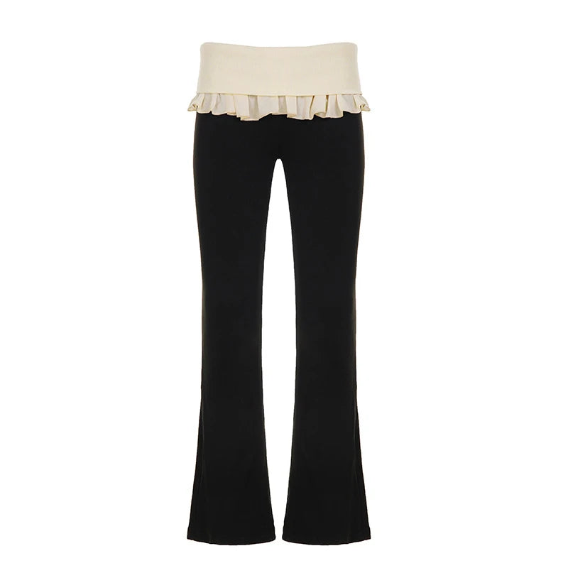 LIZAKOSHT  -  Y2K Cute Casual Skinny Ruffles Pleated Design High Waisted Knitting Flare Pants Contrasting Color Bottoms Hottie Streetwear