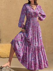 LIZAKOSHT  -  Comfortable and soft long sleeved dress with casual print V-neck drawstring waist cinched Bohemian vacation style women's dress