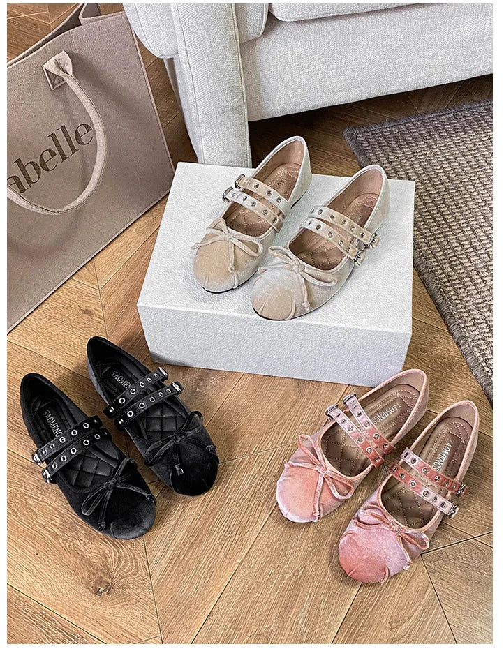 LIZAKOSHT  -  round toe pink velvet flats shoes for woman double band bowtie ballerina shoes rivets button mocasines lolita big shoes size 43