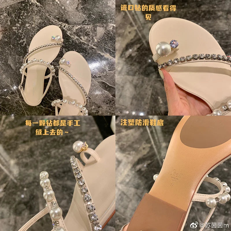 LIZAKOSHT  -  new summer crystal band flat sandals women/girl's clip toe pearl rivets gladiator sandalias mujer jandal summer shoes woman