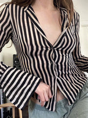 LIZAKOSHT  -  Black White Striped Shirts Vintage Button Up Long Sleeve Crop Top Aesthetic Elegant Streetwear Y2k Casual All Match Top