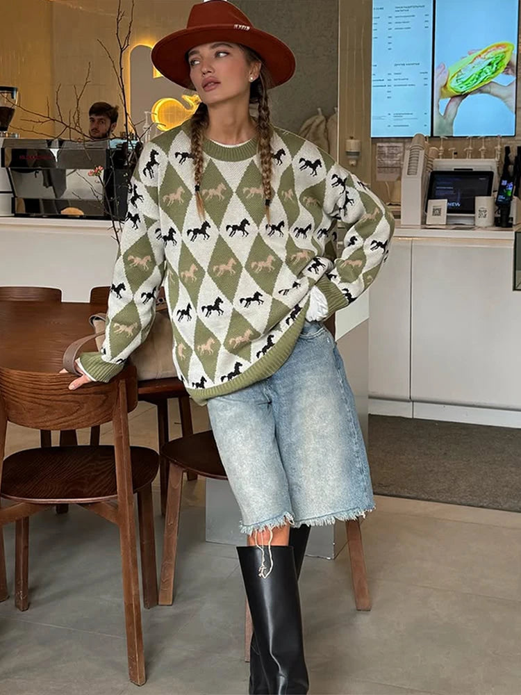 LIZAKOSHT  -  Knitted Printed Sweater Women Full Sleeve O-neck Contrast Color Patchwork Pullover Sweater Lady Autumn Casual Knittwear top