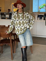 LIZAKOSHT  -  Knitted Printed Sweater Women Full Sleeve O-neck Contrast Color Patchwork Pullover Sweater Lady Autumn Casual Knittwear top