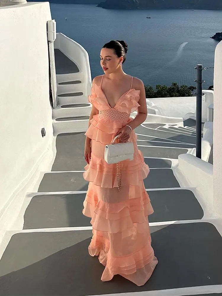 LIZAKOSHT  -  Cascading Ruffle Slip Women's Dress V-neck Sleeveless Hollow Out Waist Cinching Evening Party Dresses 2025 Summer Elegant Robe