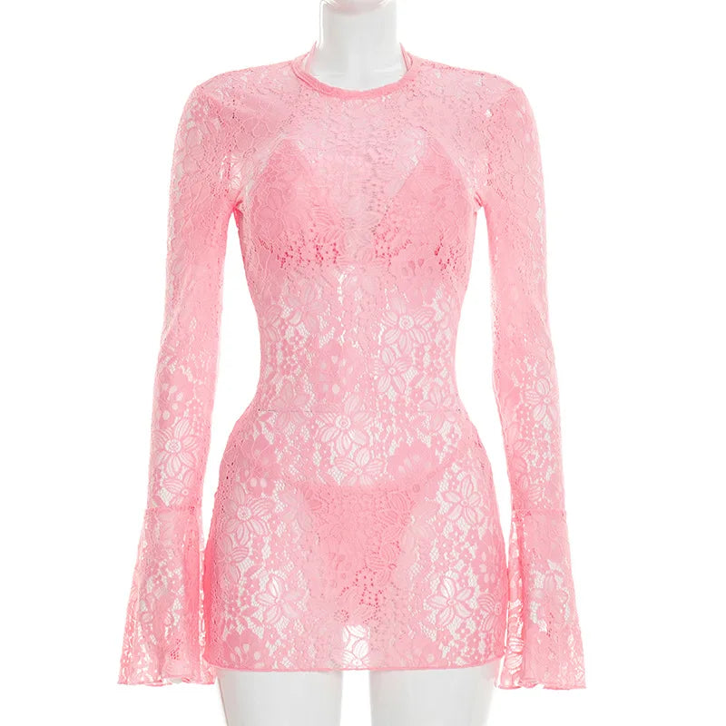 LIZAKOSHT  -  Pink White Matte Nylon Lace Bikini Triangl Cup Long Sleeve Dress 3 Pieces
