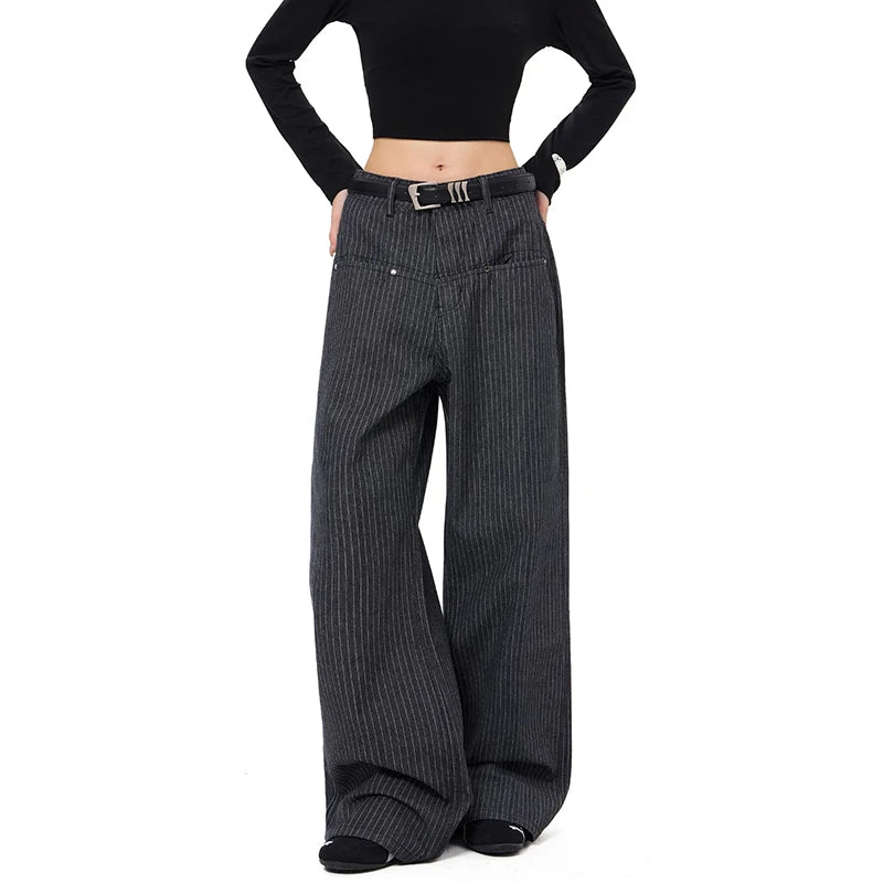 LIZAKOSHT  -  Women Vintage Baggy Stripe Jeans High Waist Grunge Denim Trousers 2000s Y2k Harajuku Aesthetic Pants Trashy Clothes