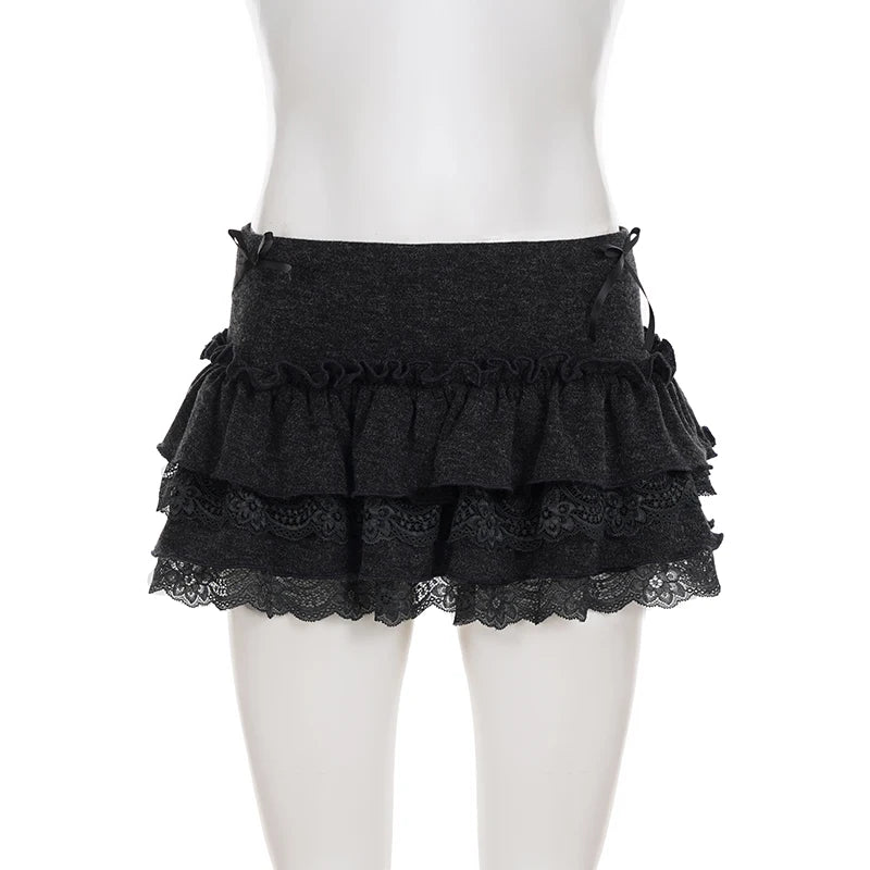 LIZAKOSHT  -  Sweet Cute Lace Fluffy Cake Skirt Korean Casual Elastic Low Waist Mini Skirt Y2K Women Clothing Summer Harajuku 2026