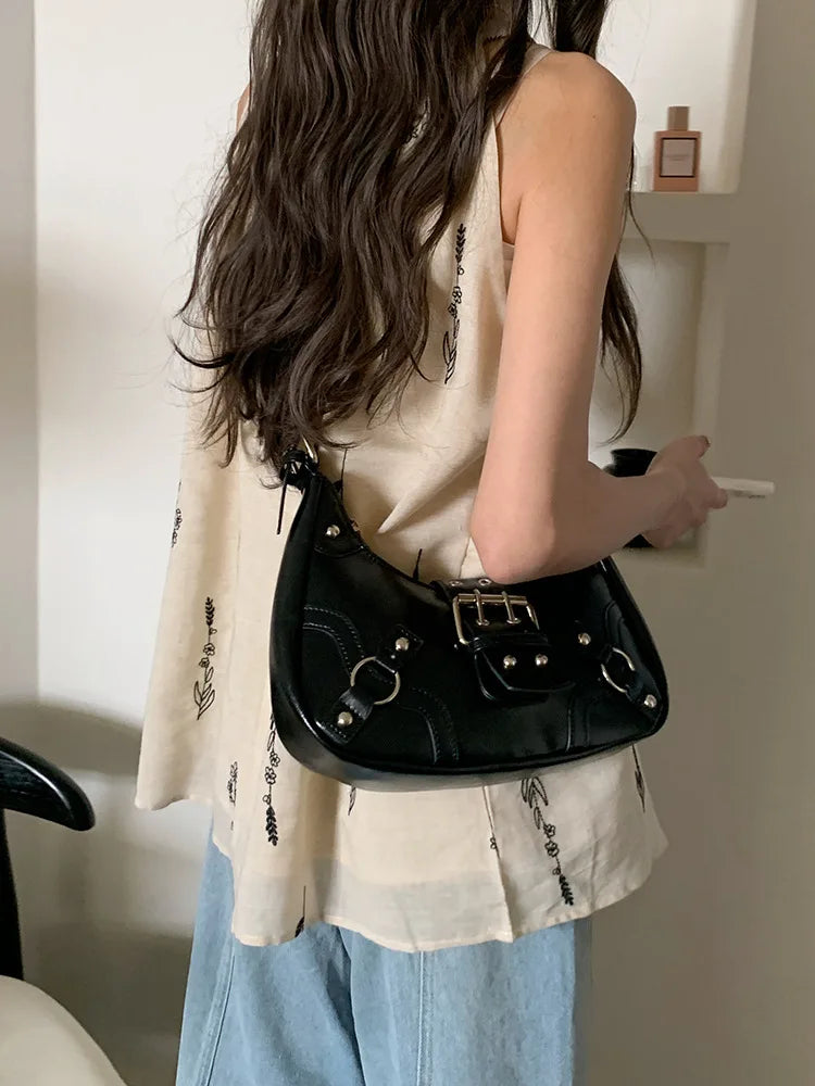 LIZAKOSHT  -  Fashion Rivets Women Armpit bag PU leather Female Shoulder messenger Bag ladies Hand bag Sac A Main black handbag bolsa totes