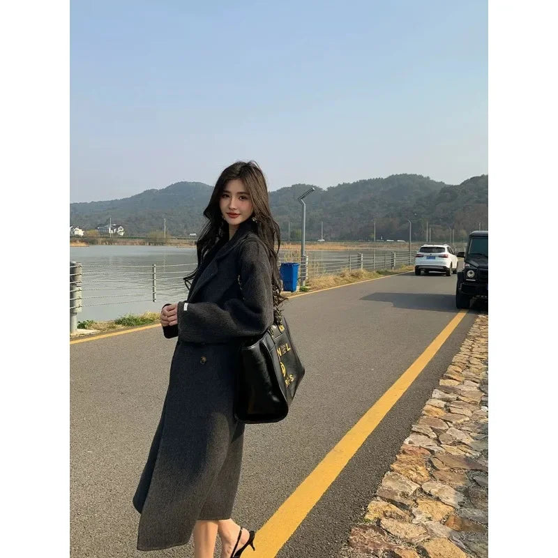 LIZAKOSHT  -  new Women Wool Blend Coat Solid Mid Long Woolen Blazer Thick Warm Blouse Women's Overcoat Office Lady Tops Autumn Winter
