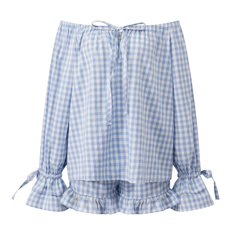 LIZAKOSHT  -  Vintage Plaid Pajama Set Elegant Lady Off Shoulder Tops + Ruffle Shorts Women 2 Piece Lounge Outfit Loose Sleepwear