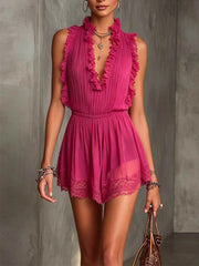 LIZAKOSHT  -  Sexy Lace Trim V-neck Vacation Mini Dress Casual Sleeveless Elastic Waist Solid Short Dress Elegant Ruffle Women's Party Dresses