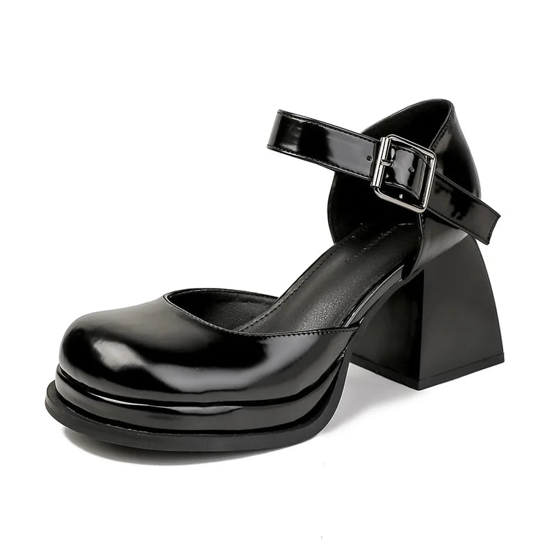 Lizakosht Hollow Sandals Women's Summer New Style One Line Strap Single Shoes Women's High Heels Thick Heels Retro Mary Jane