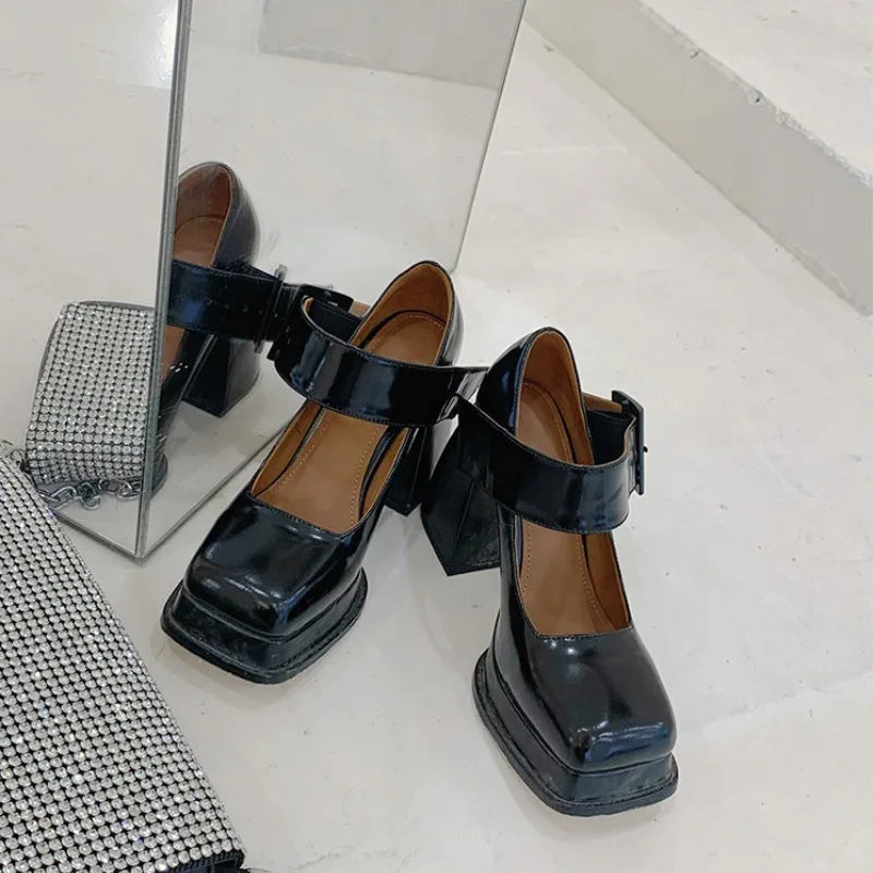 LIZAKOSHT  -  New Retro Mary Jane High Heels Women Shoes Fashion Chunky Heel Pumps Platform Ankle Buckle Japanese Uniform Ladies Shoes