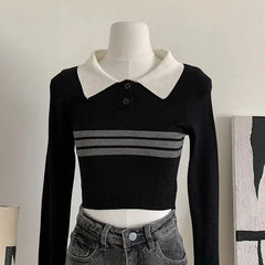 LIZAKOSHT  -  Knitted Sweater Contrast Lapel Striped College Style Long Sleeve Women'S Spring And Autumn Korean Style High Waisted Short Top
