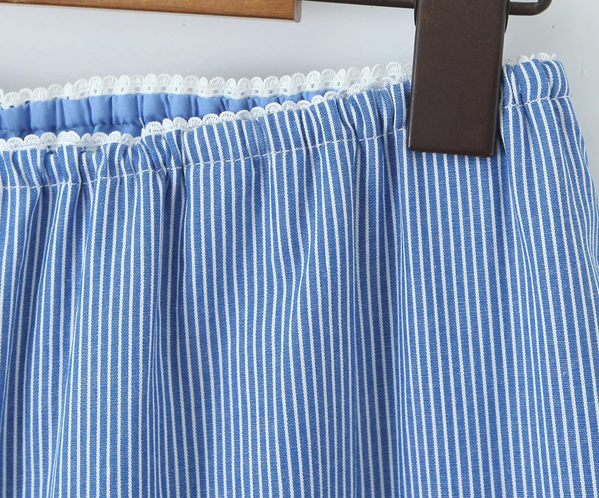 LIZAKOSHT  -  CHIC Blue White Stripes Cotton Wide leg Pants Women Elastic Waist Loose Casual Floor Length Trousers Pants Pink