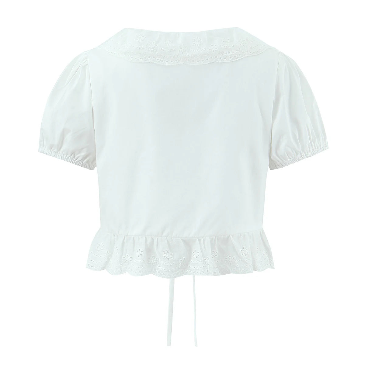 LIZAKOSHT  -  Sexy White Embroidery Hollow Out Hole Wood ears O neck Short Puff Sleeve Shirt Women Ruffles Hem Front Bow Lacing Up Crop Tops