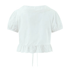 LIZAKOSHT  -  Sexy White Embroidery Hollow Out Hole Wood ears O neck Short Puff Sleeve Shirt Women Ruffles Hem Front Bow Lacing Up Crop Tops