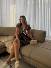 LIZAKOSHT  -  Plaid Waist Cinched Mini Dress Casual V-neck Short Sleeved Lace Up Slim Fit A-line Women Dresses Lady Daily Commute Vestido