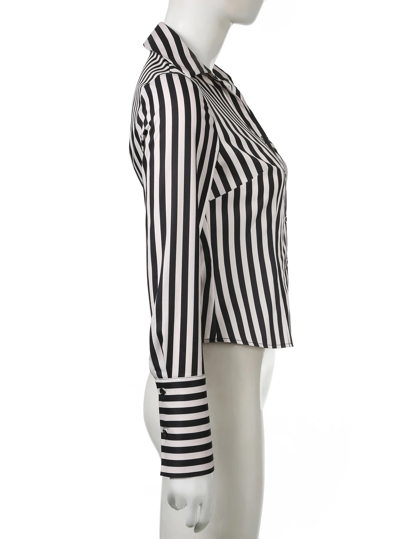 LIZAKOSHT  -  Black White Striped Shirts Vintage Button Up Long Sleeve Crop Top Aesthetic Elegant Streetwear Y2k Casual All Match Top