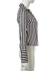 LIZAKOSHT  -  Black White Striped Shirts Vintage Button Up Long Sleeve Crop Top Aesthetic Elegant Streetwear Y2k Casual All Match Top